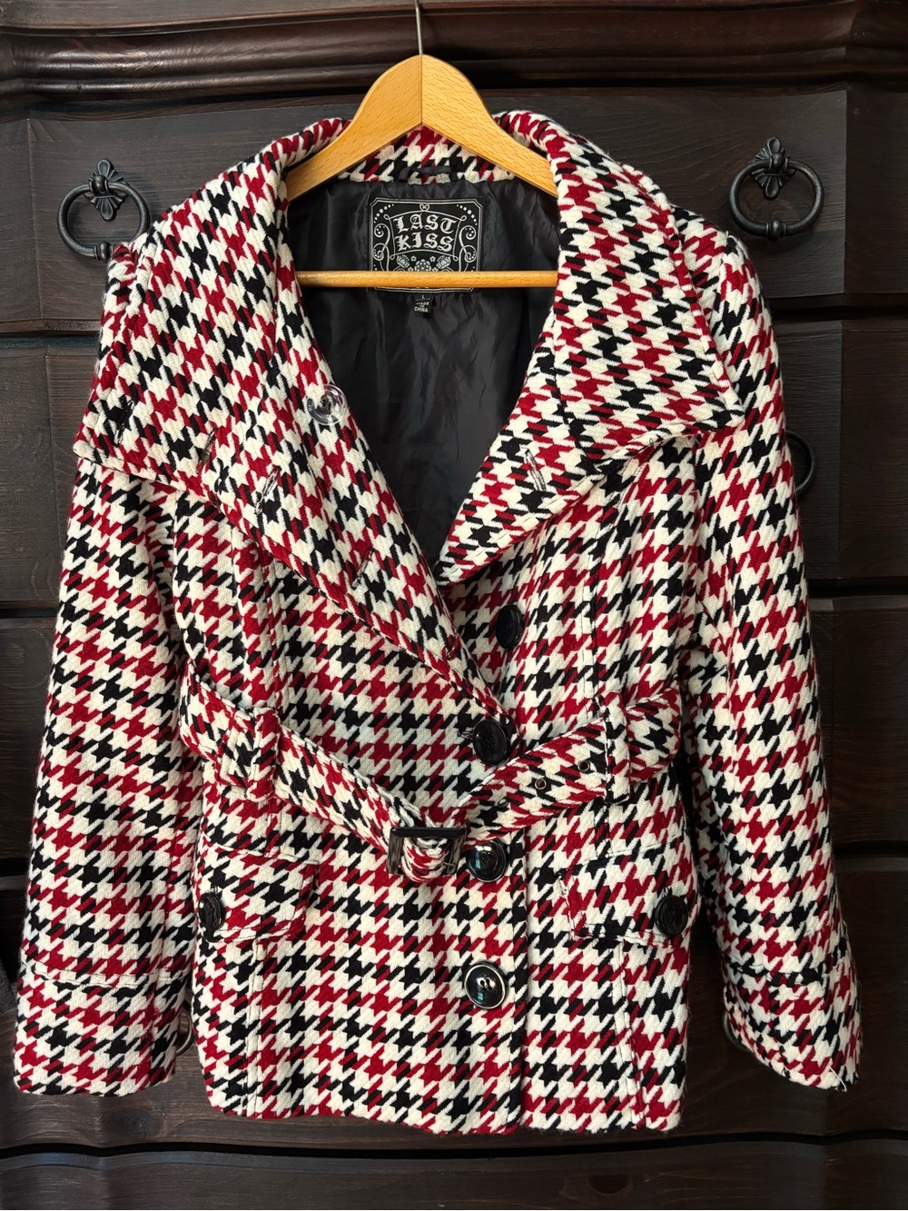Last Kiss Y2K, Red, Black, & White Houndstooth Belted Pea Coat, Size Large